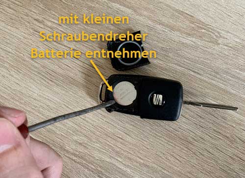 Foto alte Batterie mit Schraubendreher entfernen