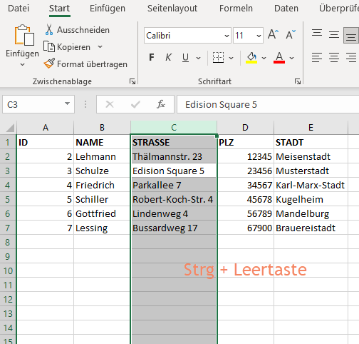 Screenshot Ergebnis Strg+Leertaste zum Auswählen einer Spalte in Excel