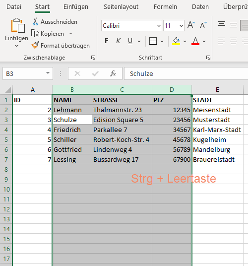 Screenshot Excel-Tabelle mit mehreren markierten Spalten durch die Tastenkombination Strg+Leertaste