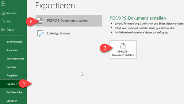 Screenshot Klassische Vorgehensweise zum PDF-Export in Excel