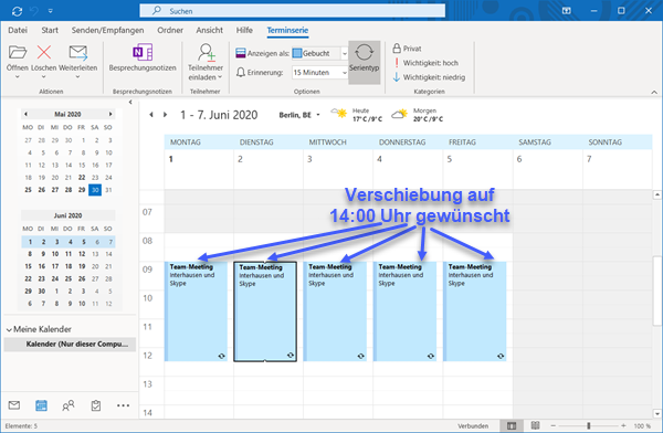 Screenshot Outlook Kalender Serientermin